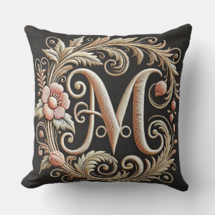 Elegant Embroidered Letter M Throw Pillow