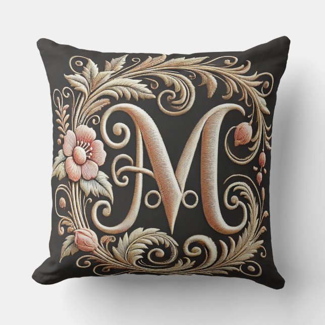 Elegant Embroidered Letter M Throw Pillow (Front)