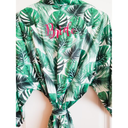 Elegant Embroidered Tropical Palm Leaf Satin Robe 
