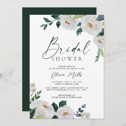 Elegant Emeral Ivory White Floral Bridal Shower Invitation