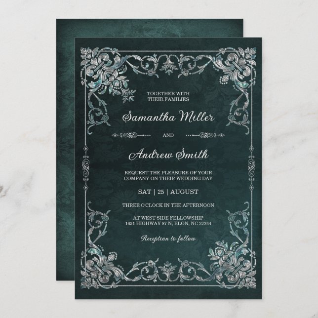 Elegant Emerald and Diamond Wedding Invitation (Front/Back)