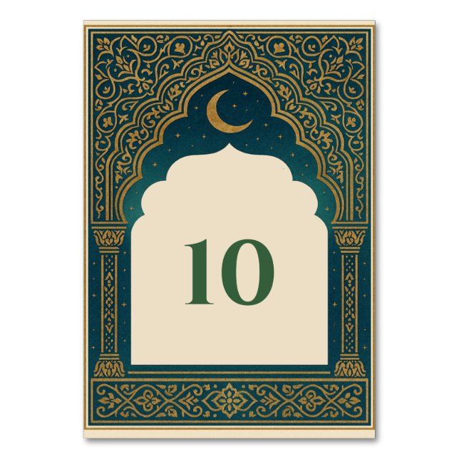 Elegant Emerald and Gold Arch Wedding Table Number (Front)