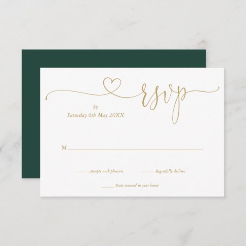 Elegant Emerald And Gold Elegant Script Heart RSVP Card