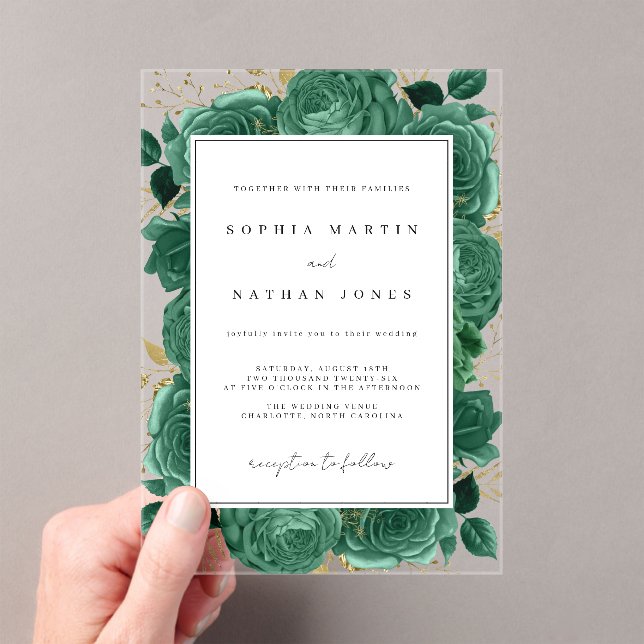 Elegant Emerald And Gold Rose Clear Wedding Acrylic Invitations (Insitu (Handheld))