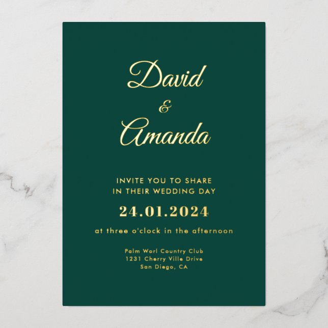 Elegant Emerald and Gold Wedding Foil Invitation (Front)