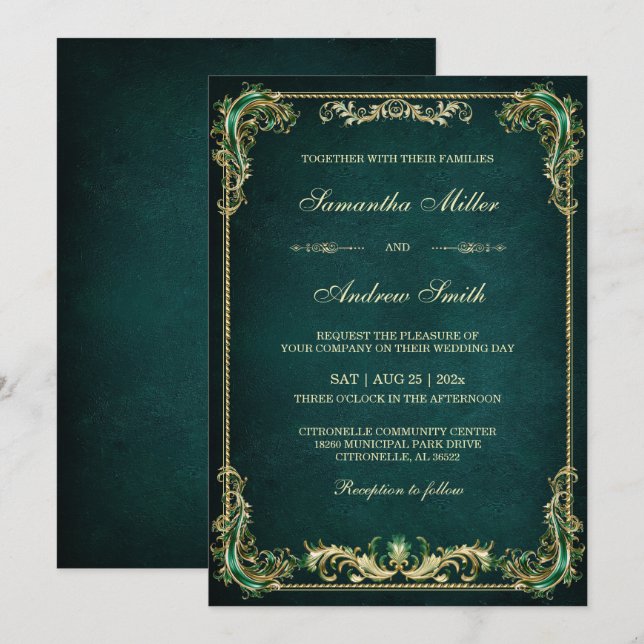 Elegant Emerald and Gold Wedding Invitation (Front/Back)