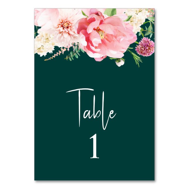 Elegant Emerald Blush Pink Floral Dark Moody Table Table Number (Front)