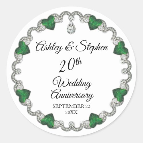 Elegant Emerald Diamonds 20th Wedding Anniversary Classic Round Sticker