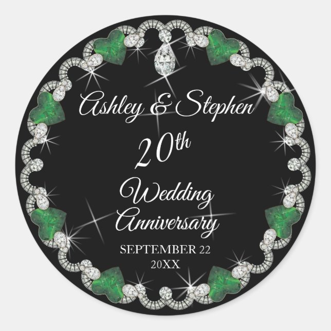 Elegant Emerald Diamonds 20th Wedding Anniversary Classic Round Sticker (Front)