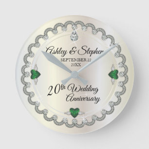 Elegant Emerald Diamonds 20th Wedding Anniversary Round Clock