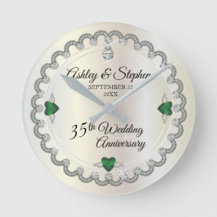 Elegant Emerald Diamonds 35th Wedding Anniversary Round Clock