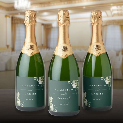 Elegant Emerald Floral Greenery Wedding Sparkling Wine Label