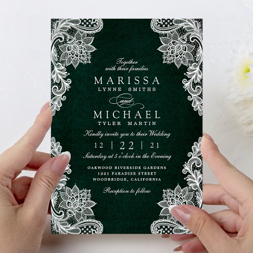 Elegant Emerald Floral Lace Wedding Invitation