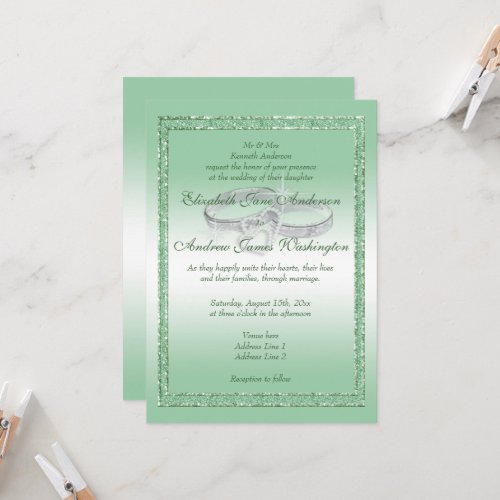 Elegant Emerald Glitter  Silver Wedding Rings Invitation