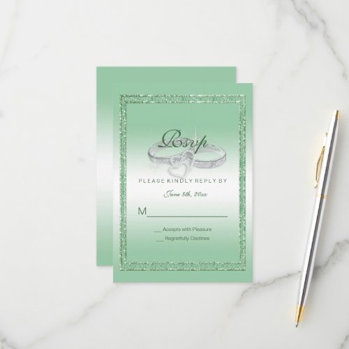 Elegant Emerald Glitter  Silver Wedding Rings RSVP Card