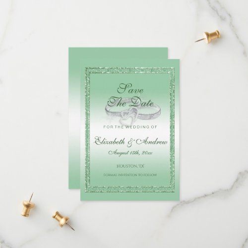 Elegant Emerald Glitter  Silver Wedding Rings Save The Date