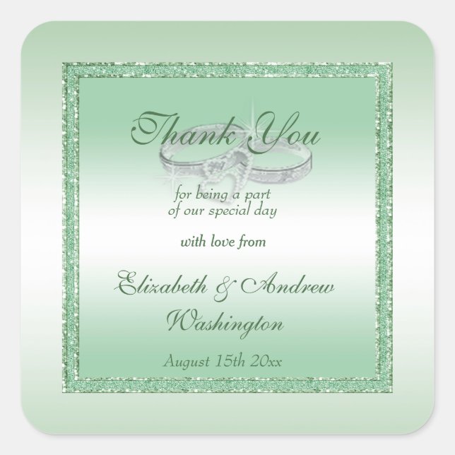 Elegant Emerald Glitter & Silver Wedding Rings Square Sticker (Front)