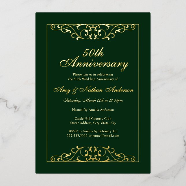 Elegant Emerald Gold 50th Wedding Anniversary  Foil Invitation (Front)