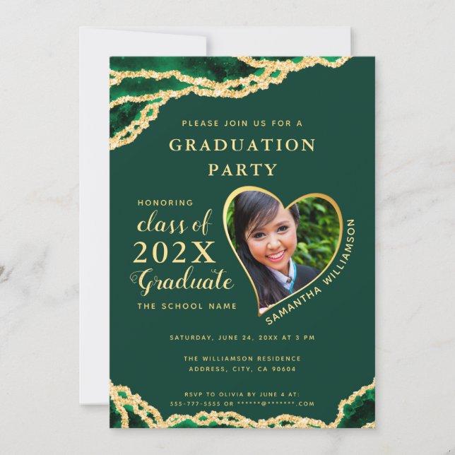Elegant Emerald & Gold Agate 2025 Photo Graduation Invitation (Front)