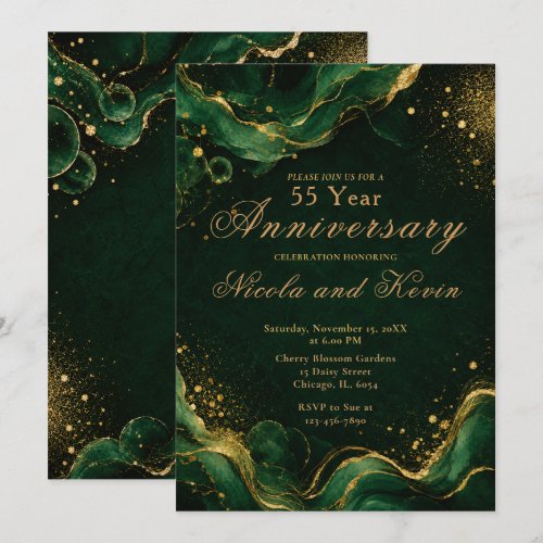 Elegant Emerald Gold Alcohol Ink 55th Anniversary Invitation