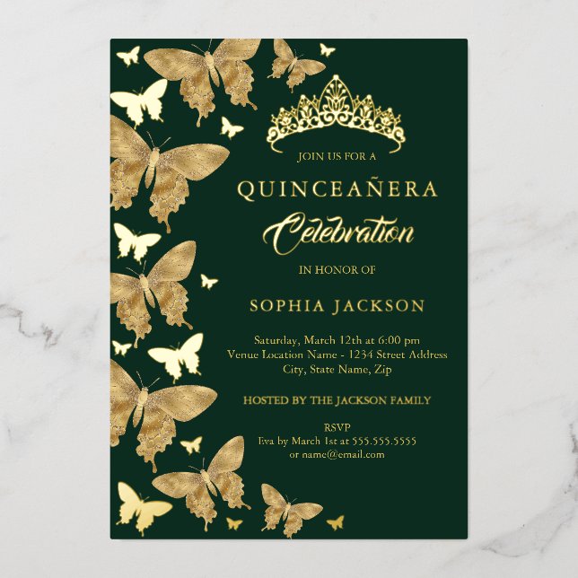 Elegant Emerald Gold Butterfly Quinceanera Foil Invitation (Front)