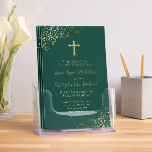 Elegant Emerald & Gold Catholic Wedding Program Brochure