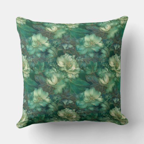 Elegant emerald gold floral pattern throw pillow