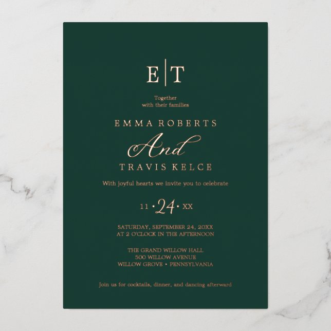 Elegant Emerald & Gold Foil Monogram Wedding  Foil Invitation (Front)