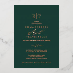 Elegant Emerald & Gold Foil Monogram Wedding  Invitation