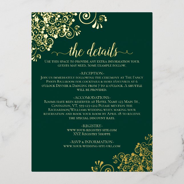Elegant Emerald & Gold Foil Wedding Details Card (Front)