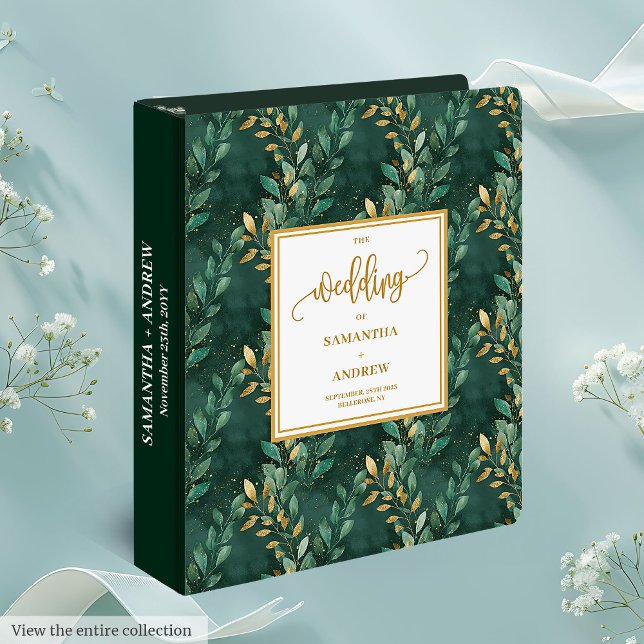 Elegant Emerald Gold Foliage Wedding 3 Ring Binder (Elegant Emerald Gold Foliage Wedding 3 Ring Binder)