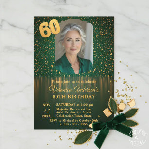 Elegant Emerald Gold Glitter 60th Birthday Party Invitation