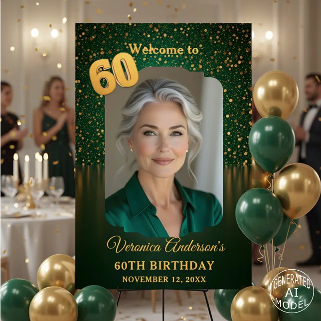Elegant Emerald Gold Glitter 60th Birthday Welcome Foam Board (Creator Uploaded)