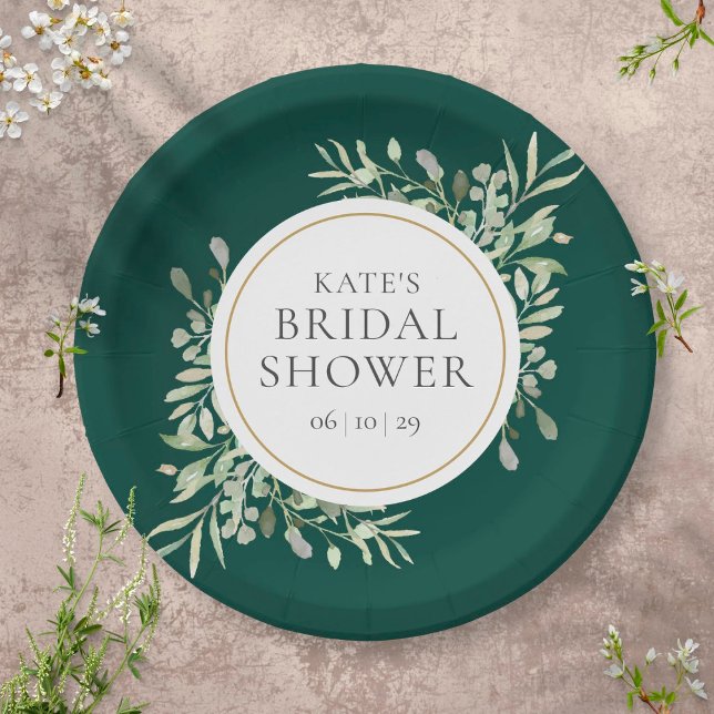 Elegant Emerald Gold Greenery Bridal Shower Paper Plates (Creator Uploaded)