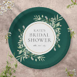 Elegant Emerald Gold Greenery Bridal Shower Paper Plates<br><div class="desc">Featuring delicate watercolor greenery leaves on an emerald green background,  these chic botanical bridal shower paper plates can be personalized with your special bridal shower information. Designed by Thisisnotme©</div>