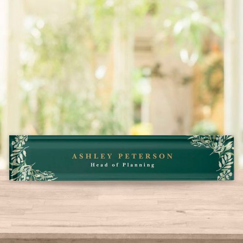 Elegant Emerald Gold Greenery Desk Name Plate