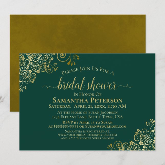 Elegant Emerald & Gold Lace Frills Bridal Shower Invitation (Front/Back)