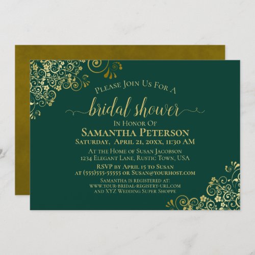 Elegant Emerald  Gold Lace Frills Bridal Shower Invitation