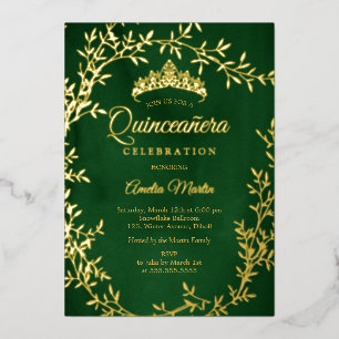 Elegant Emerald Gold Leaf Wreath Quinceanera Foil Invitation