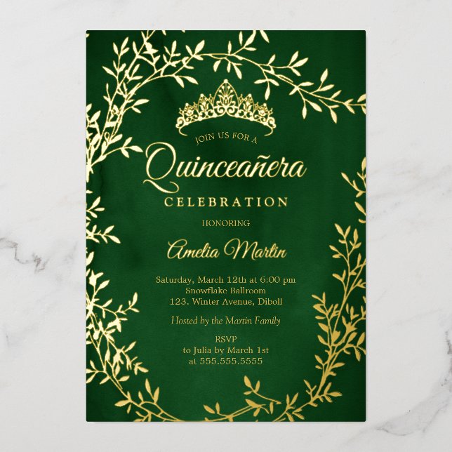 Elegant Emerald Gold Leaf Wreath Quinceanera Foil Invitation (Front)