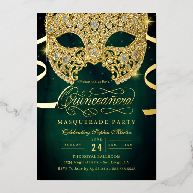 Elegant Emerald Gold Masquerade Quinceanera Foil Invitation (Front)