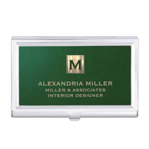 Elegant Emerald Gold Monogram Business Card Case