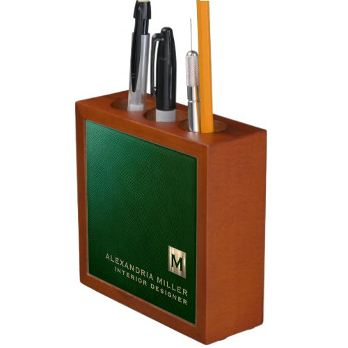 Elegant Emerald Gold Monogram Desk Organizer