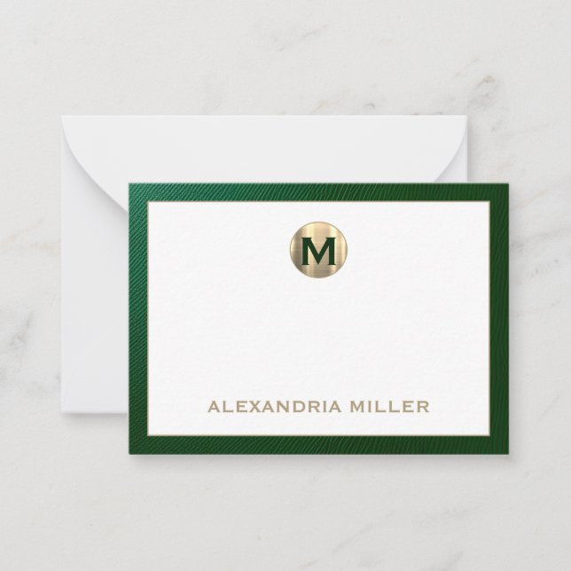 Elegant Emerald Gold Monogram Note Card (Front)