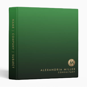 Elegant Emerald Gold Monogram Office School 3 Ring Binder