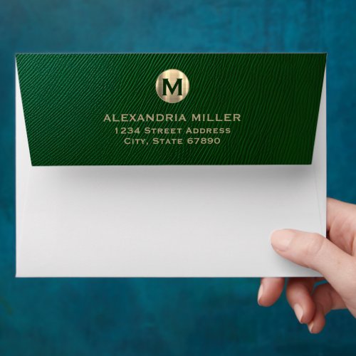 Elegant Emerald Gold Monogram Return Address Envelope