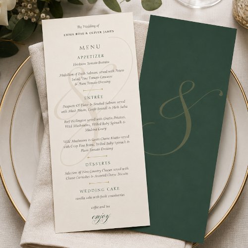 Elegant Emerald Gold Monogram Wedding Menus Card