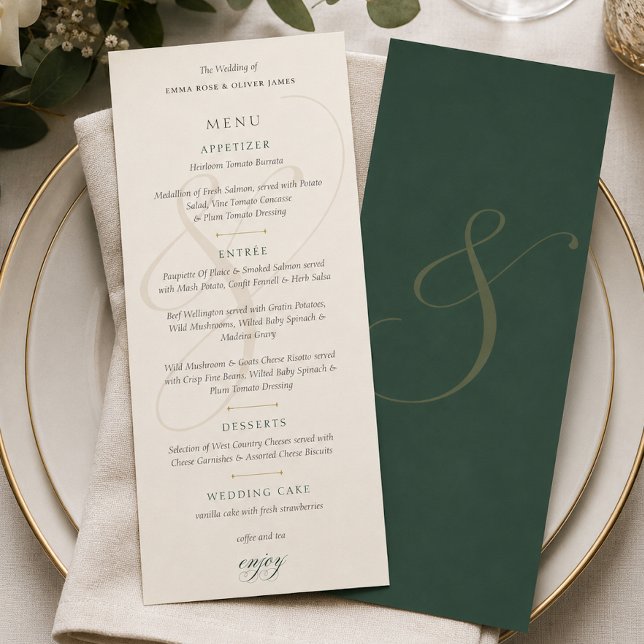 Elegant Emerald Gold Monogram Wedding Menus Card (Elegant Emerald Gold Monogram Wedding Menus Card)