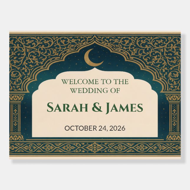 Elegant Emerald & Gold Ornate Arch Wedding Welcome Foam Board (Front)