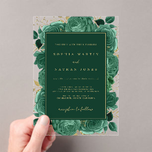 Elegant Emerald Gold Rose Clear Wedding Acrylic Invitations
